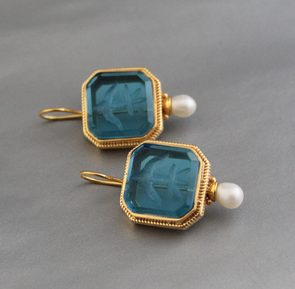 Blue Glass Intaglio Earrings, Victorian Vintage Gold, photo 8