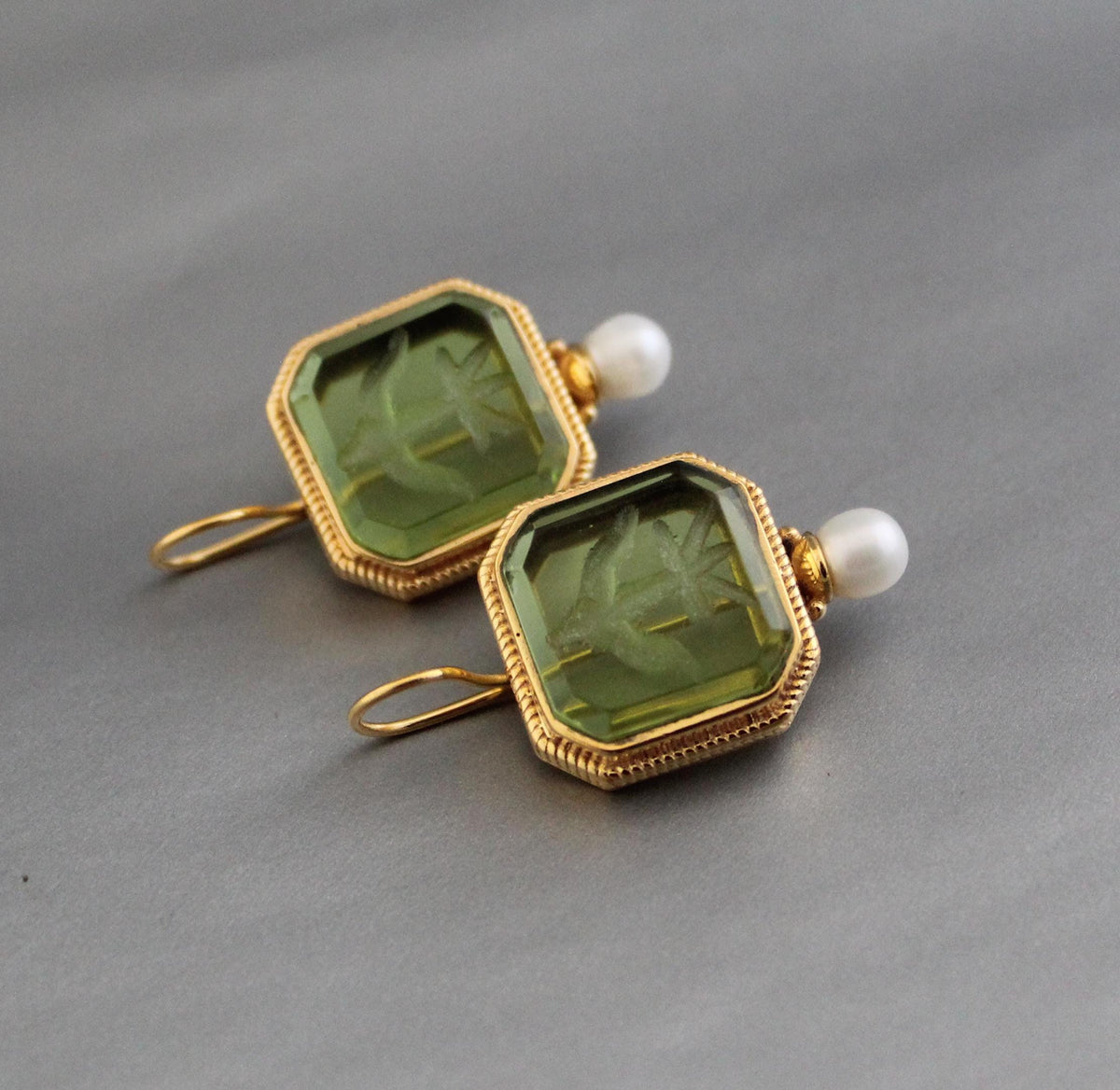 Green Glass Intaglio Earrings, Victorian Art Deco Style, Gold, photo 2
