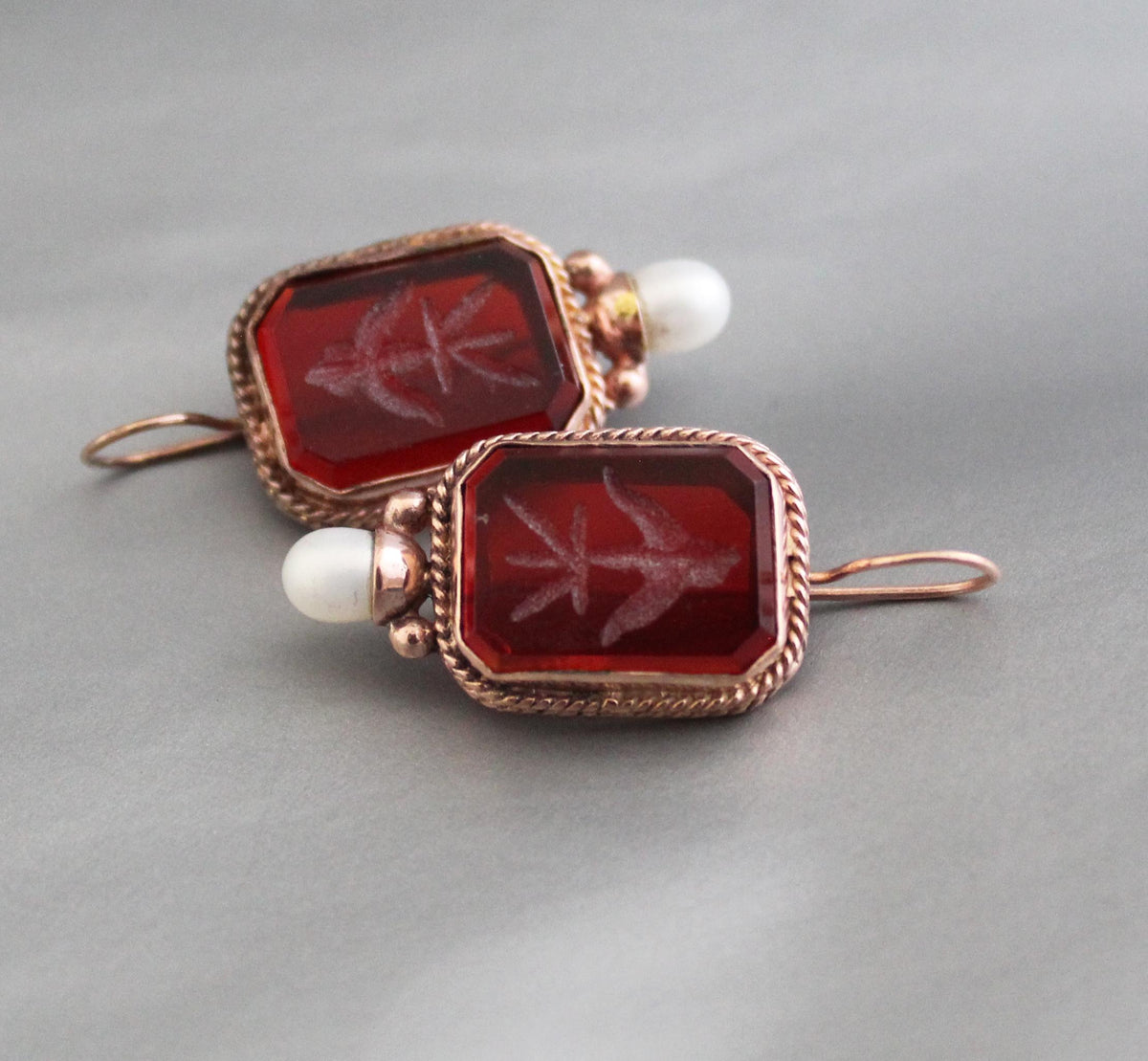 Red Rectangular Intaglio Earrings, Victorian Gothic Style, Rose Gold Plated, photo 8