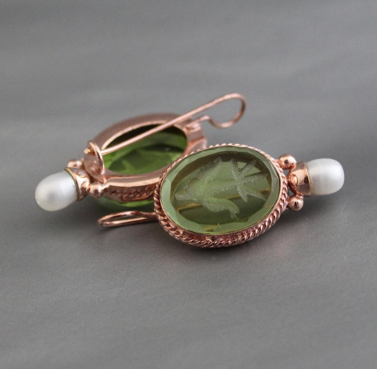 Intaglio Glass Earrings, Bridal Pearl Accent, Rose Gold Vermeil, photo 5