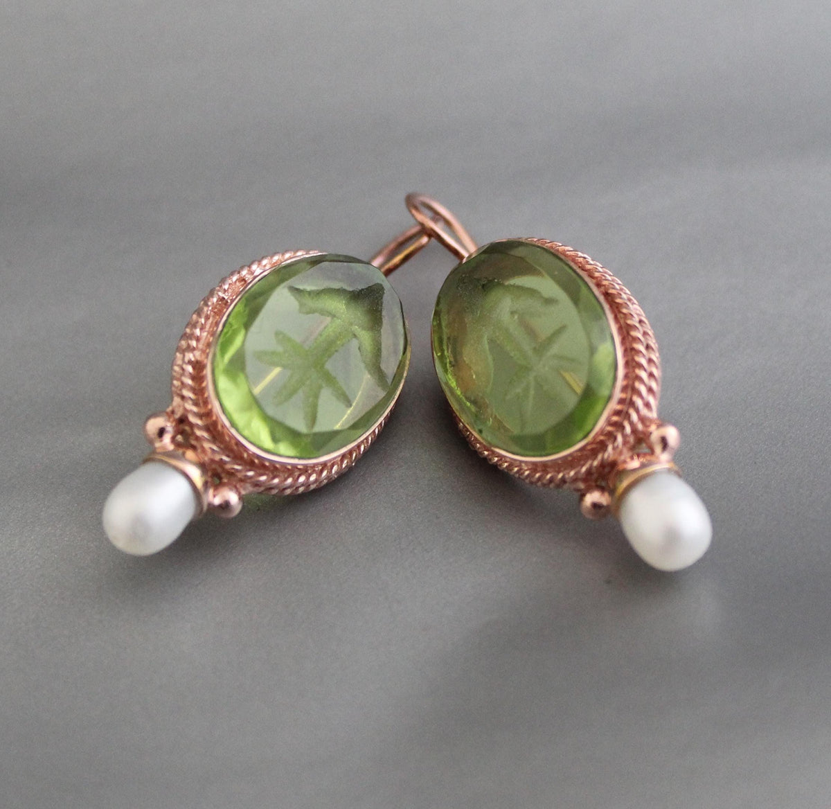 Intaglio Glass Earrings, Bridal Pearl Accent, Rose Gold Vermeil, photo 8