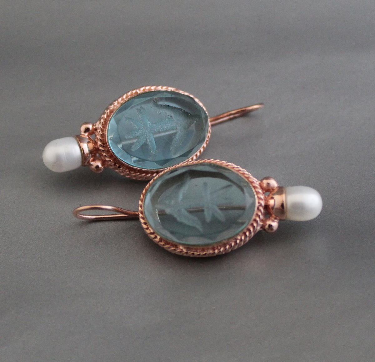 Blue Glass Intaglio Oval Earrings, Victorian Style, Rose Gold, photo 4