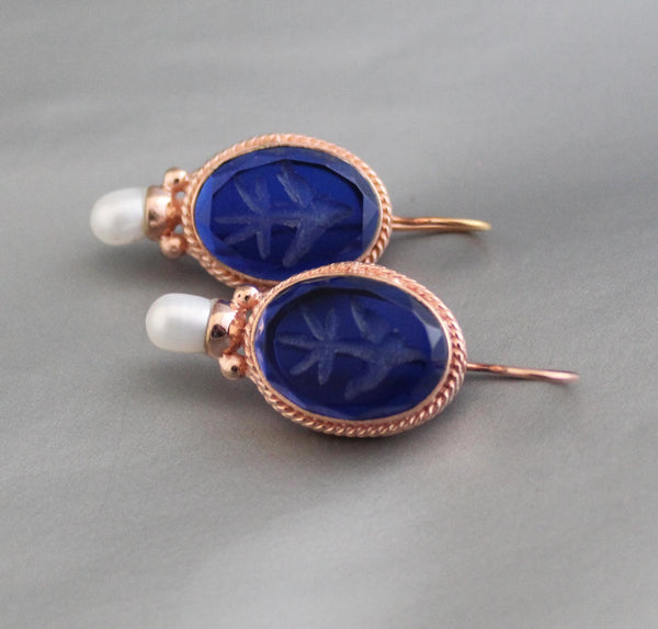 Blue Intaglio Earrings, 1920s Art Deco Pearls, Rose Gold