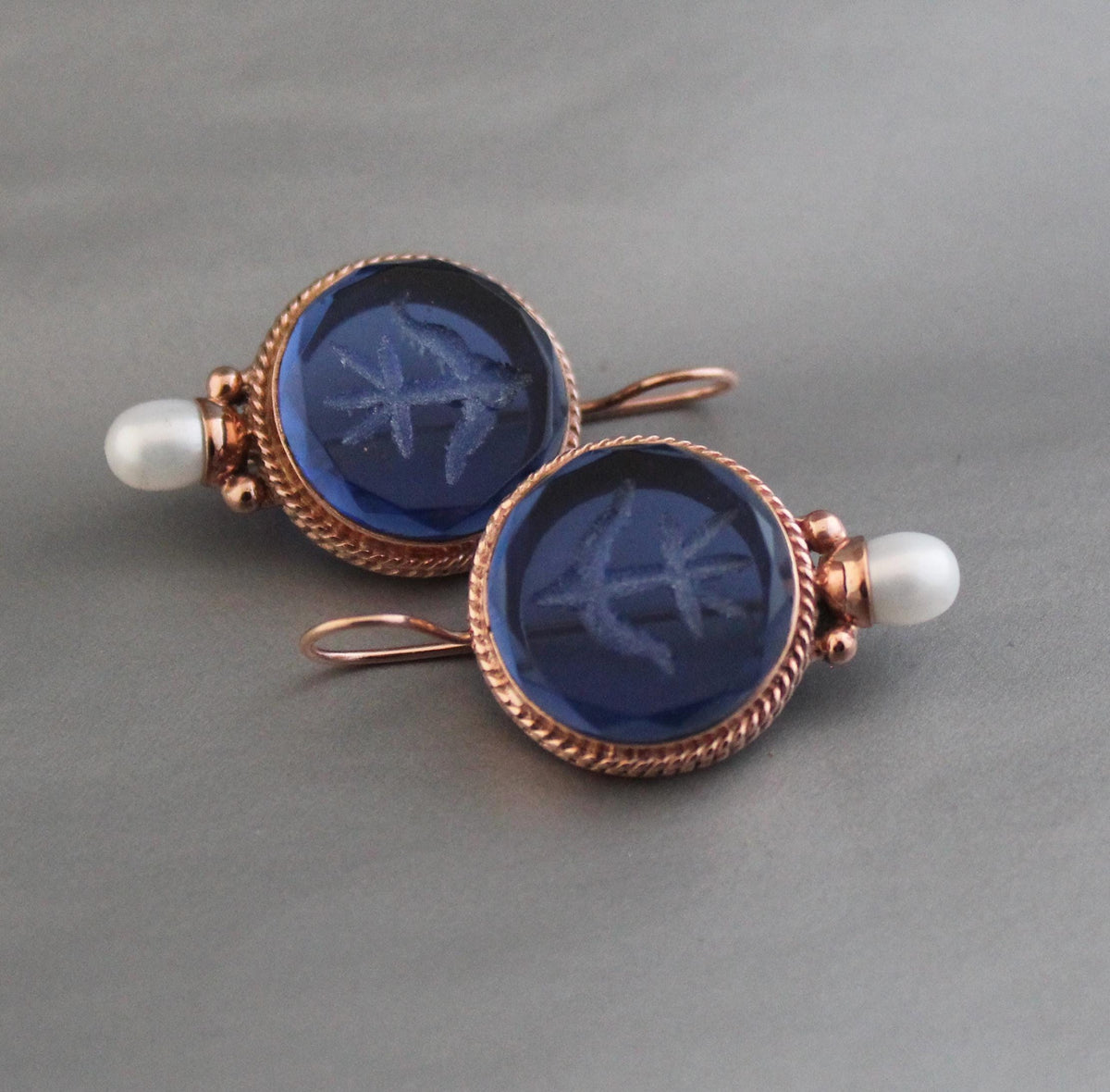Blue Glass Intaglio Earrings, Vintage Style, Brass with Pearl