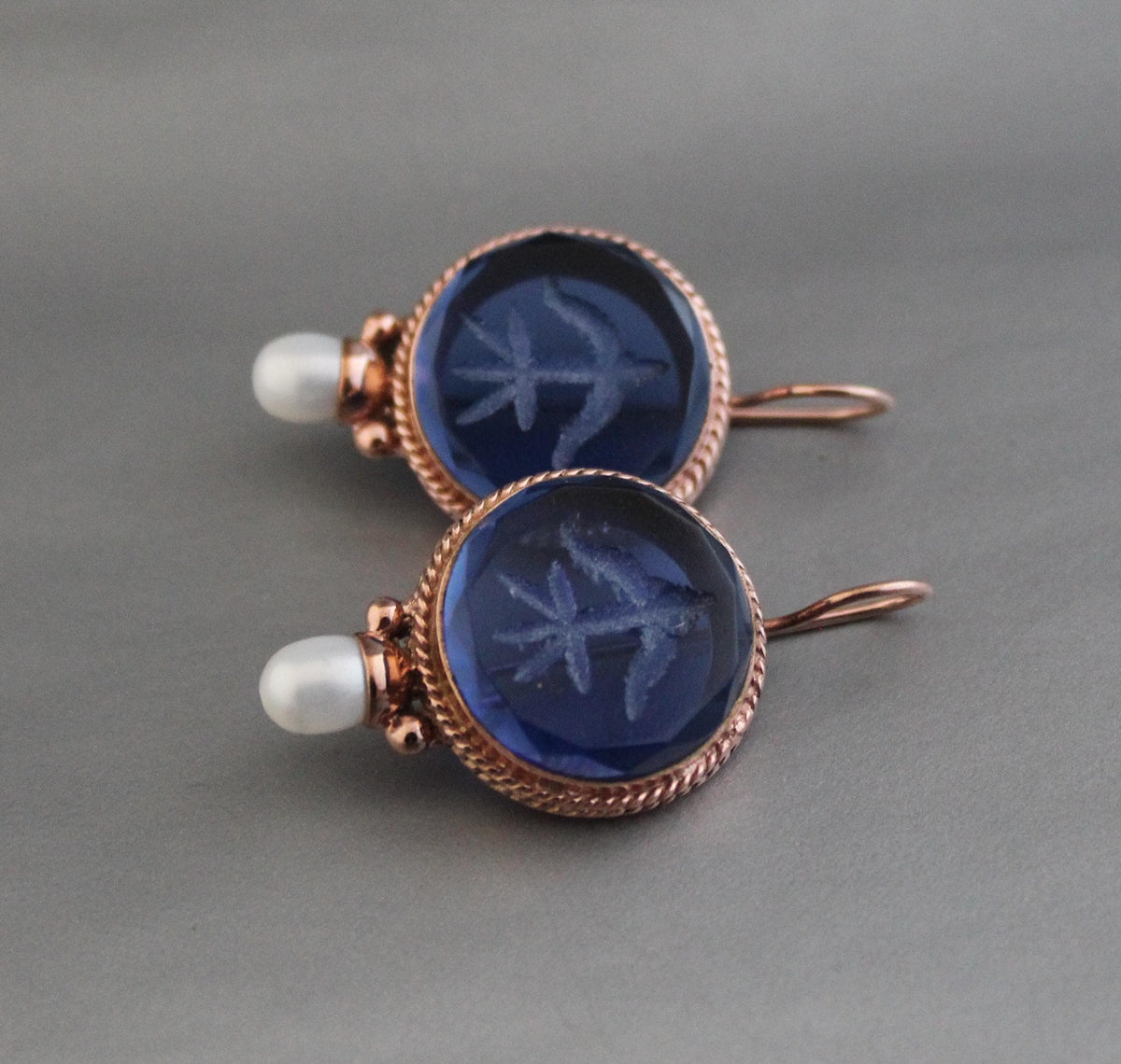 Blue Glass Intaglio Earrings, Vintage Style, Brass with Pearl, photo 10