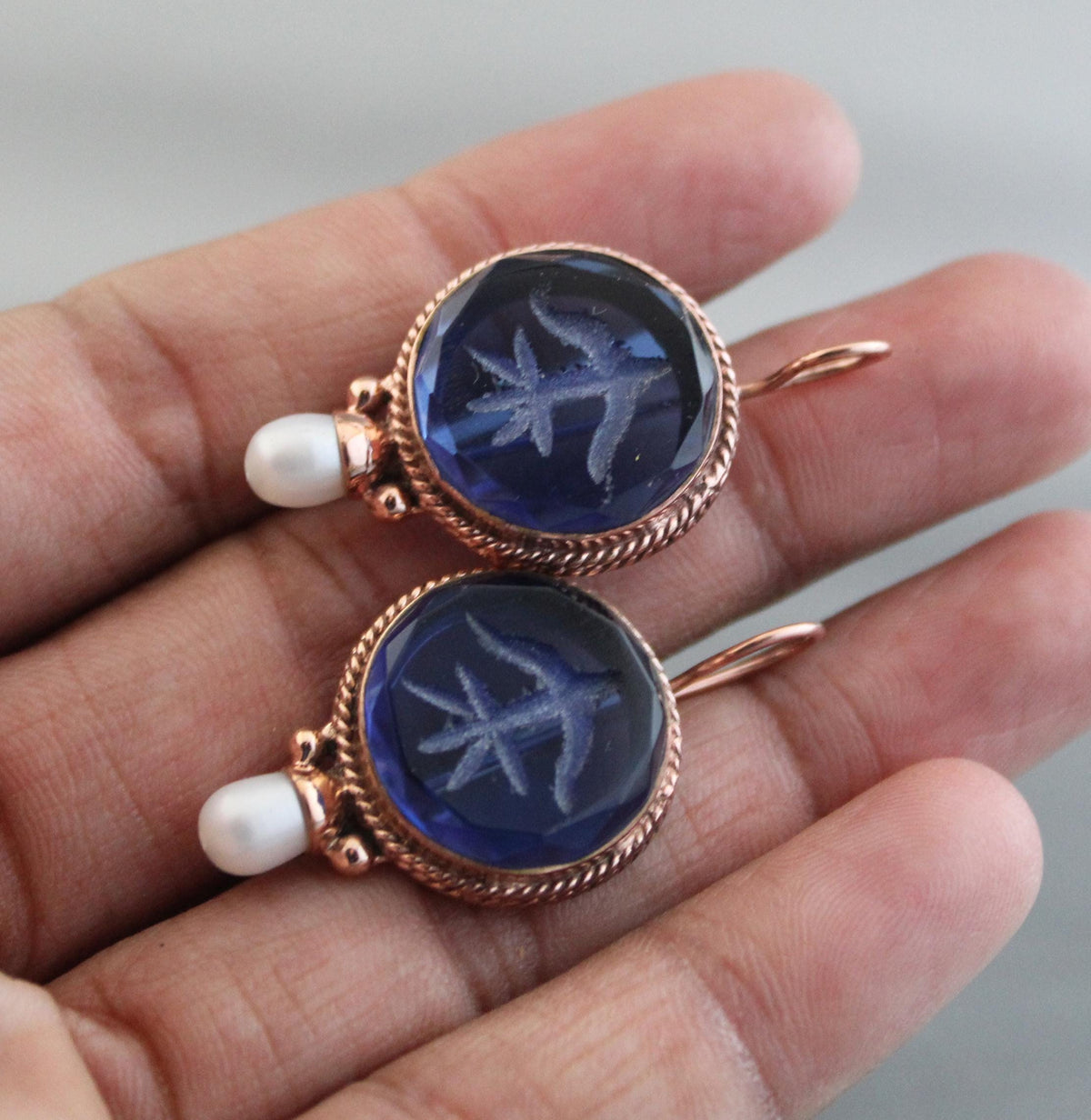 Blue Glass Intaglio Earrings, Vintage Style, Brass with Pearl, photo 6
