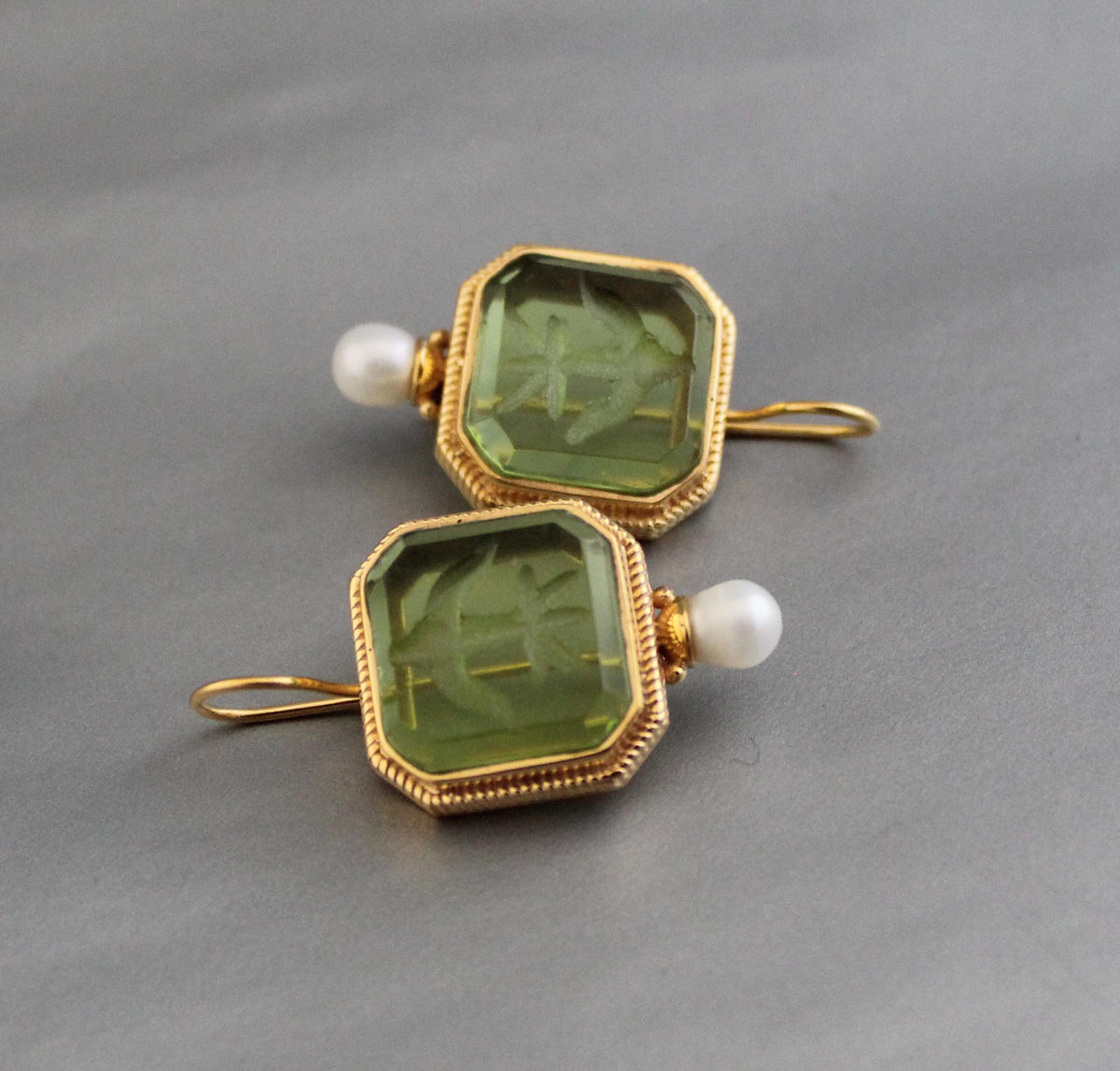 Green Glass Intaglio Earrings, Victorian Art Deco Style, Gold, photo 4