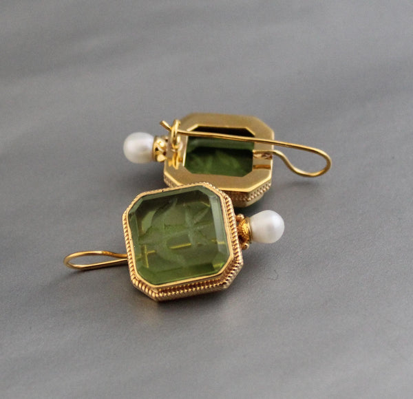 Green Glass Intaglio Earrings, Victorian Art Deco Style, Gold