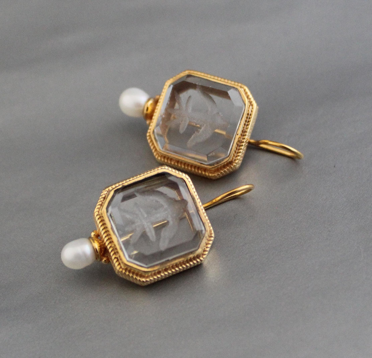 Intaglio Crystal Earrings, Victorian Style, Gold Filled