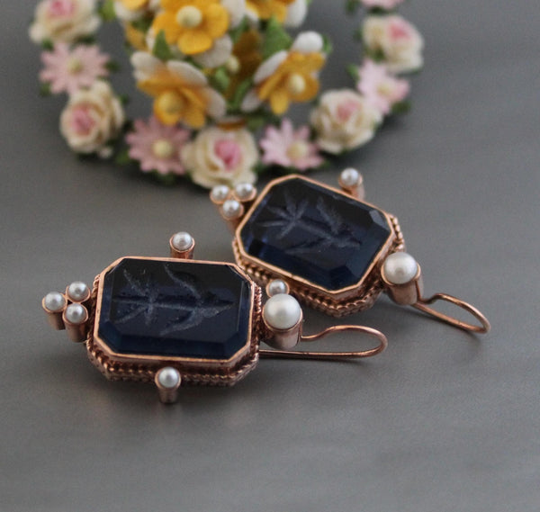 Blue Glass Intaglio Earrings, Victorian Art Deco Style, Rose Gold