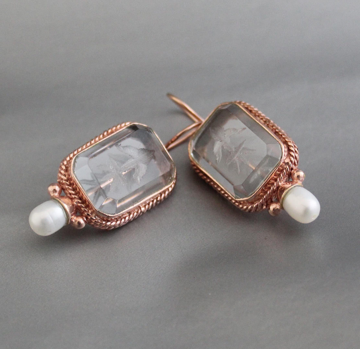Rose Gold Intaglio Crystal Earrings, Italian Style Carved Glass, photo 9