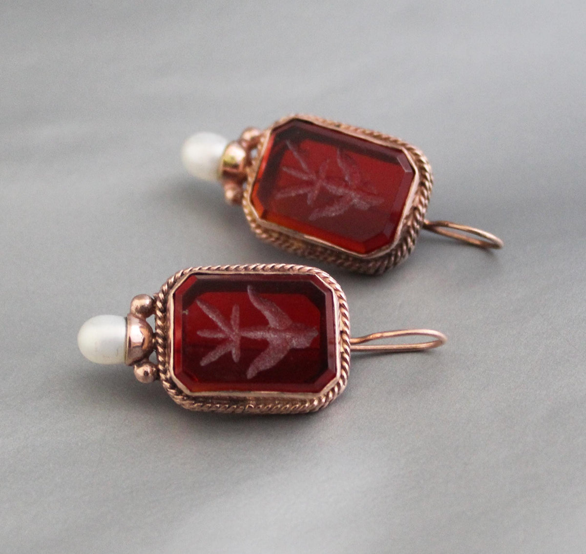 Red Rectangular Intaglio Earrings, Victorian Gothic Style, Rose Gold Plated, photo 7