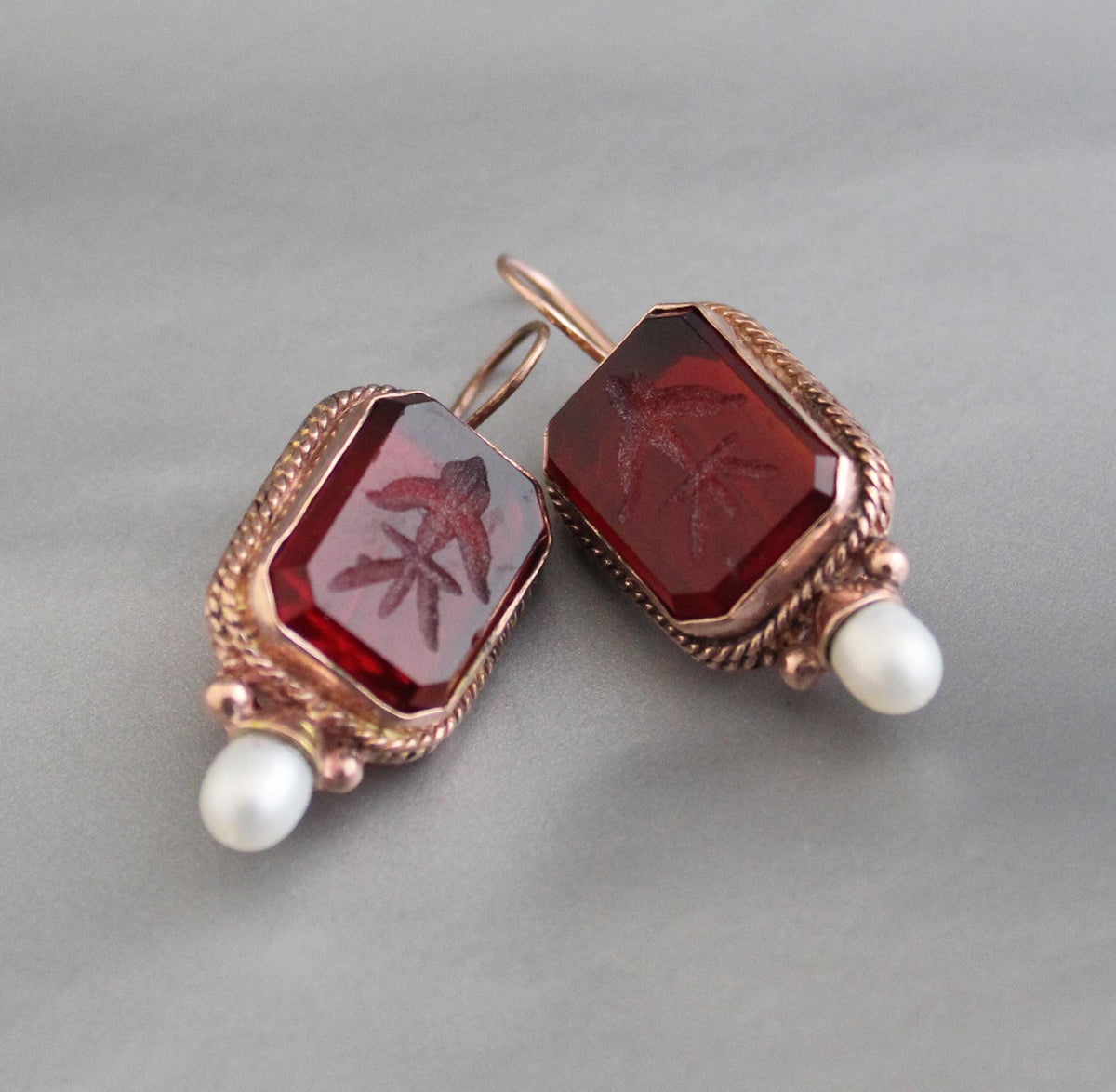 Red Rectangular Intaglio Earrings, Victorian Gothic Style, Rose Gold Plated