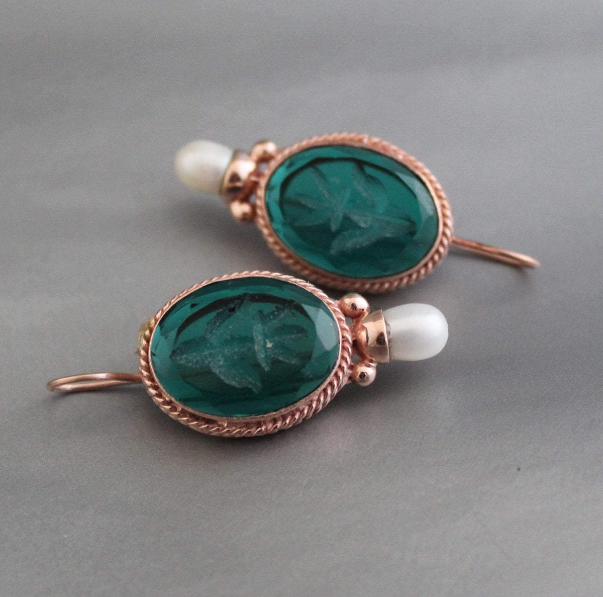Green Glass Intaglio Earrings, Victorian Pearl Drops, Rose Gold