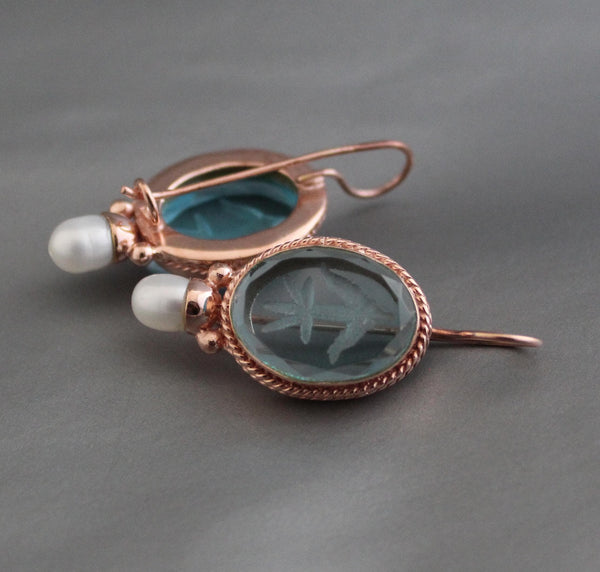 Blue Glass Intaglio Oval Earrings, Victorian Style, Rose Gold