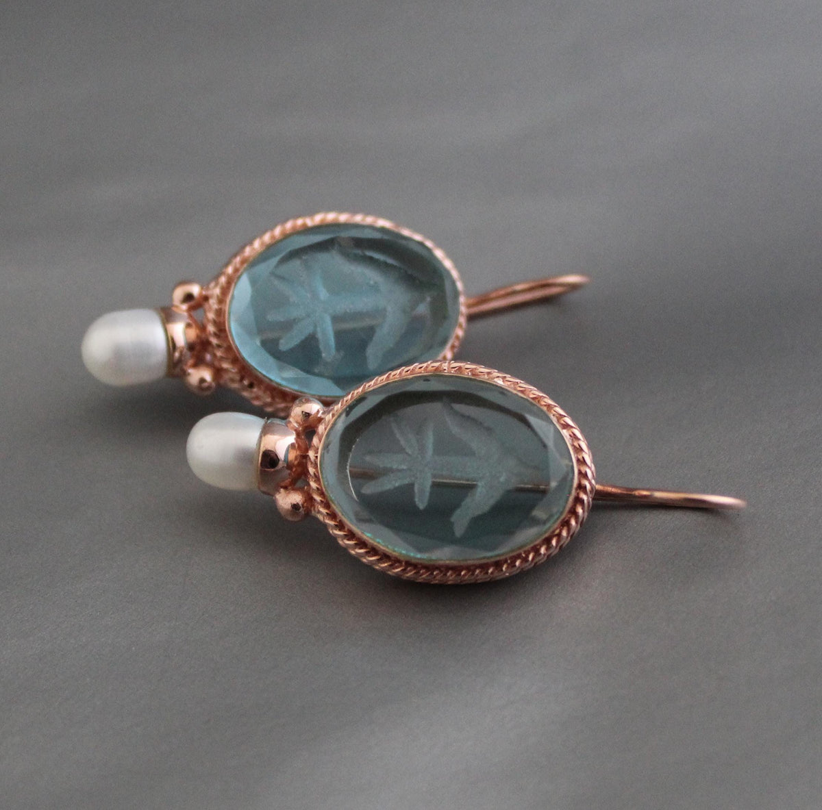 Blue Glass Intaglio Oval Earrings, Victorian Style, Rose Gold, photo 2