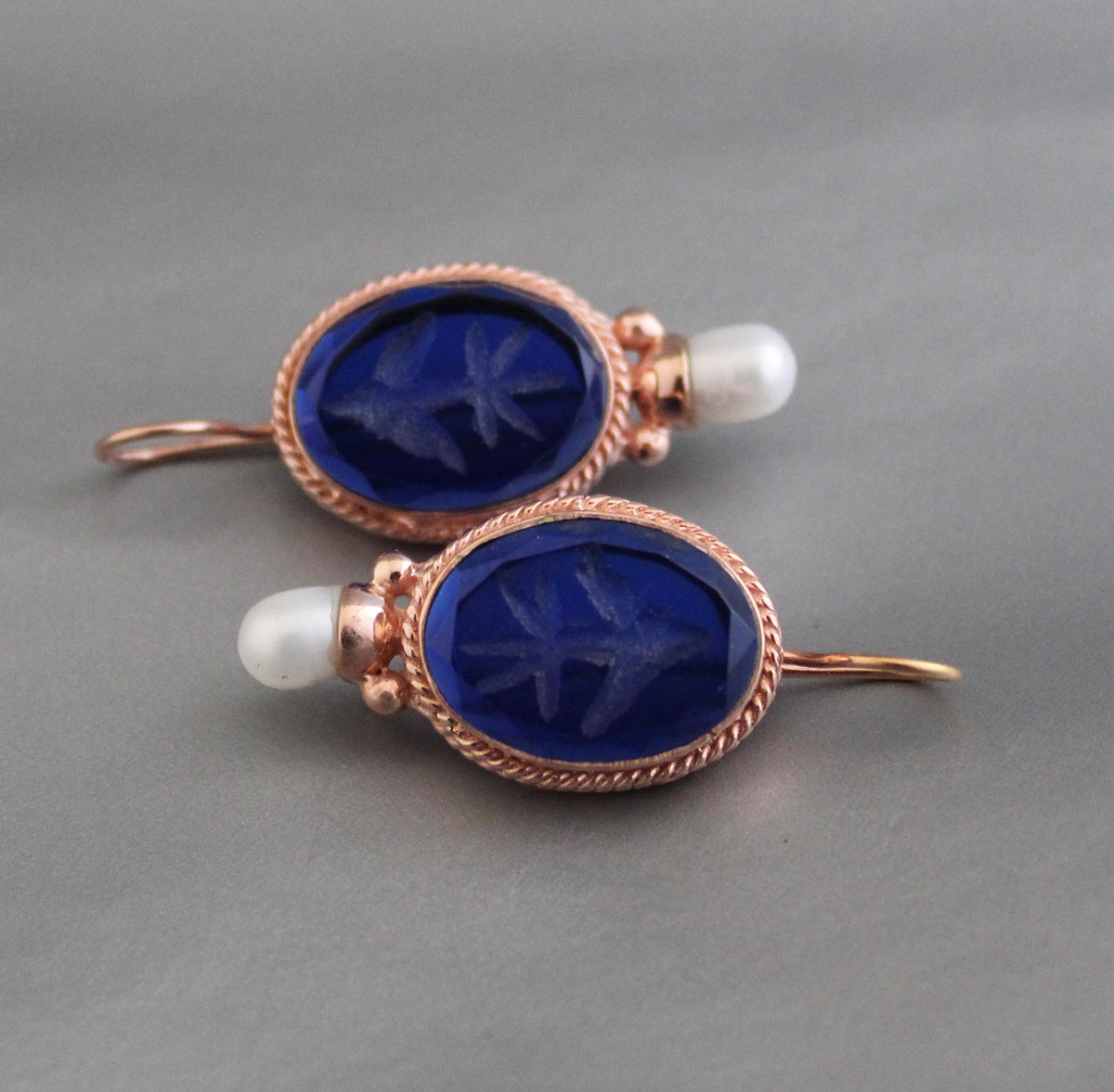 Blue Intaglio Earrings, 1920s Art Deco Pearls, Rose Gold, photo 5