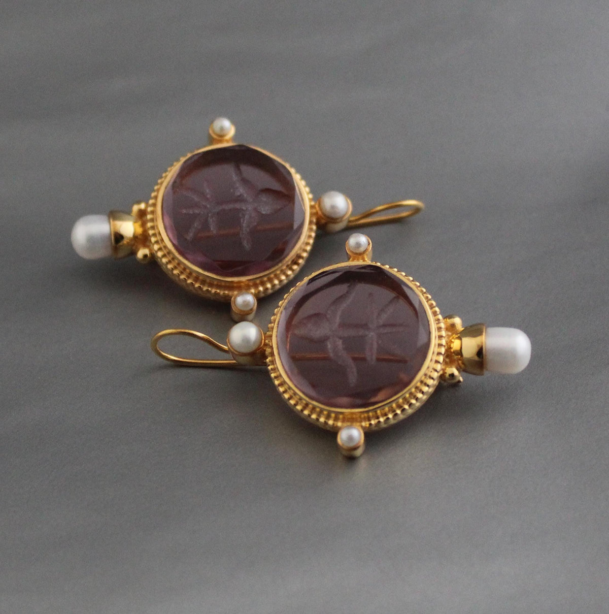 Purple Glass Intaglio Earrings, Art Deco Bridal Pearls, photo 6