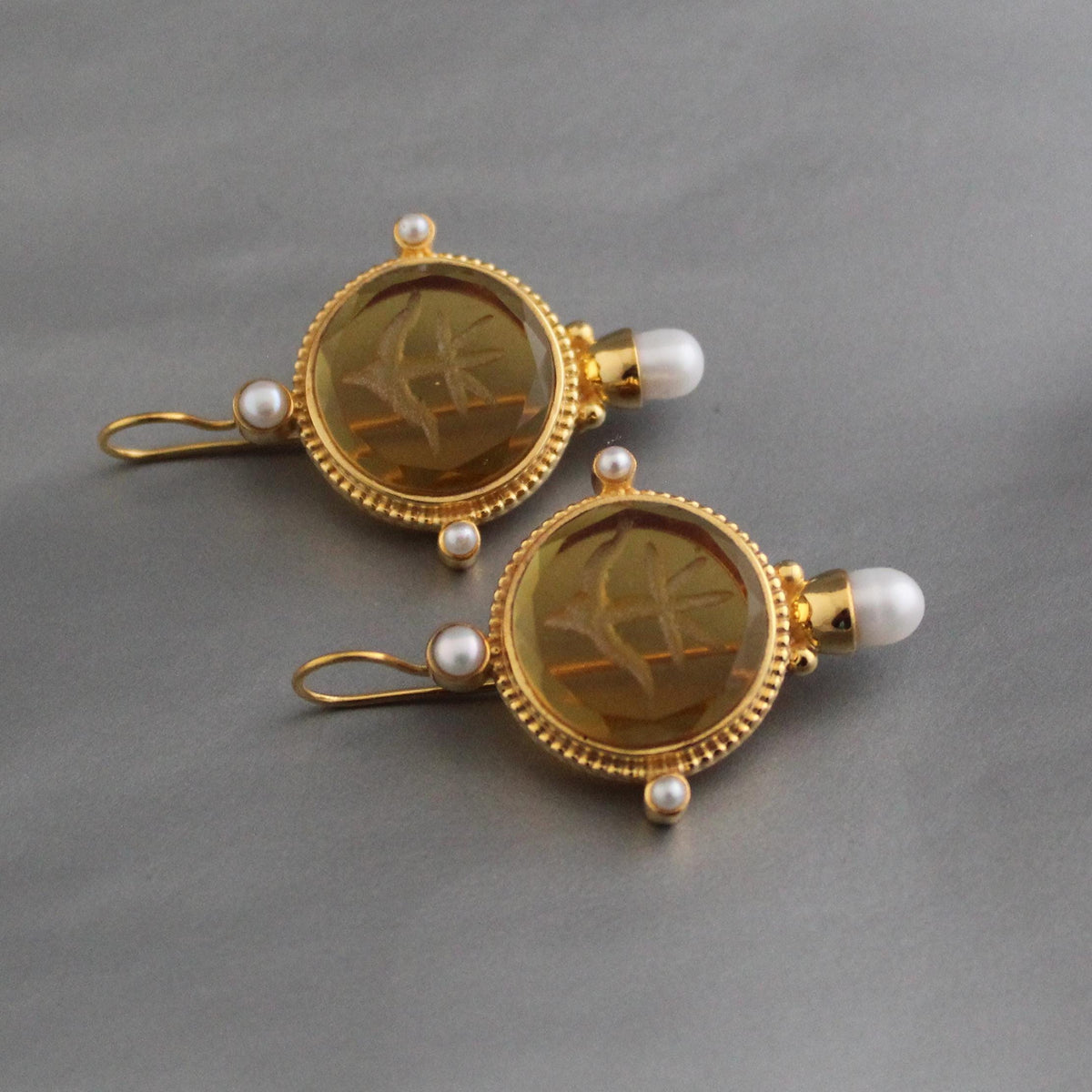 Yellow Glass Intaglio Earrings, Vintage Gold Statement, photo 6