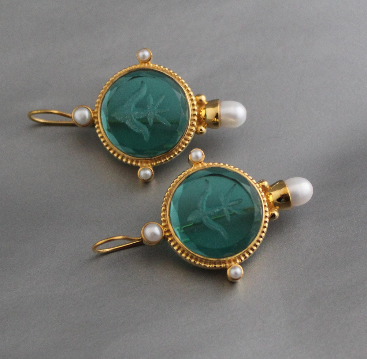 Green Glass Intaglio Earrings, Art Deco Pearl Dangles, Gold, photo 5