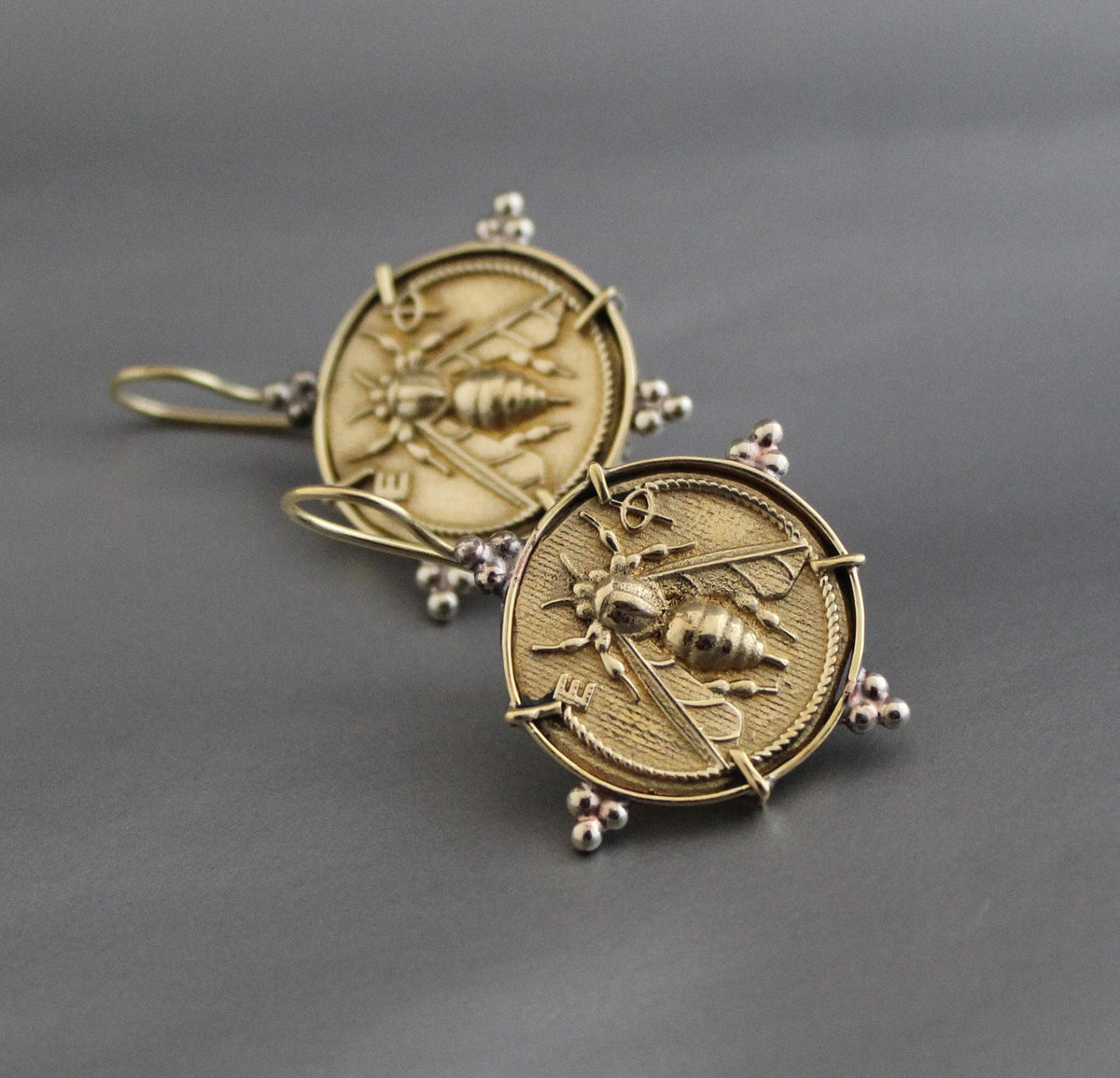 Brass Honeybee Coin Necklace and Bee Intaglio Earrings Set, Greek Style, photo 2