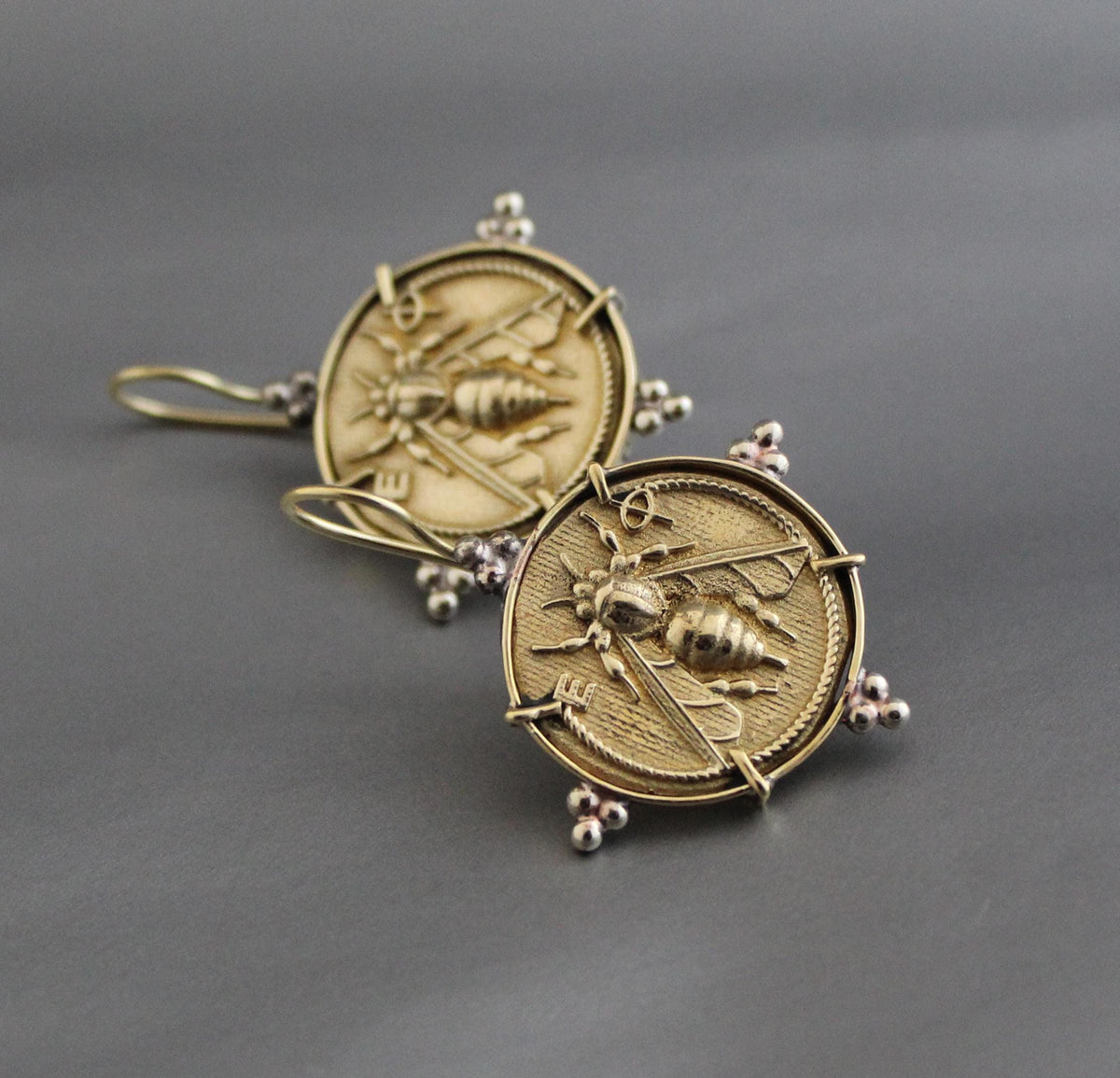 Honeybee Coin Earrings, Ancient Roman Style, Brass