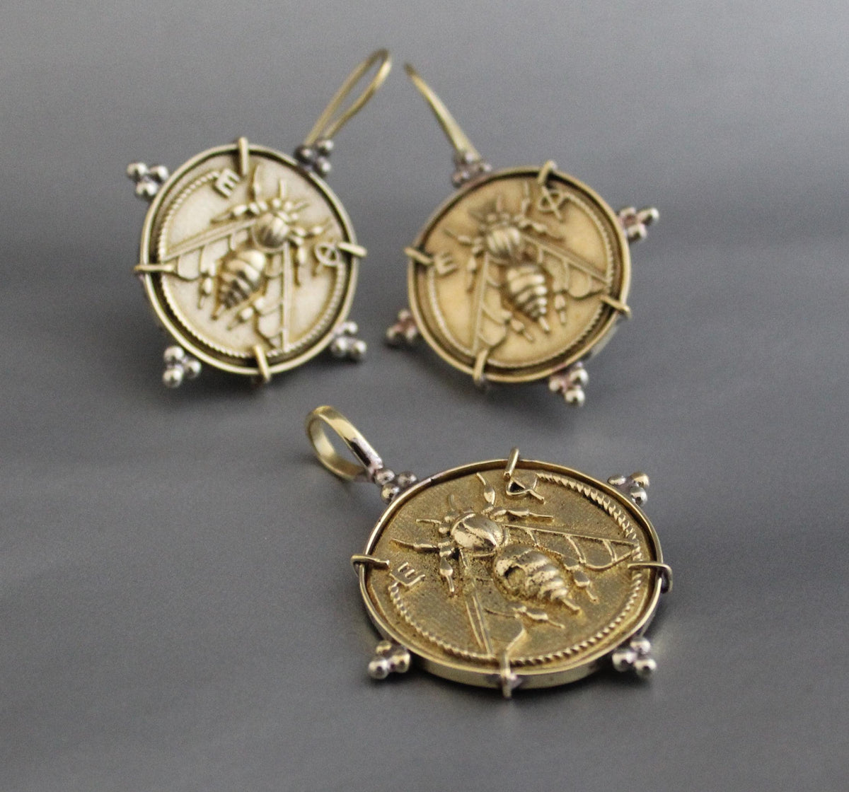 Brass Honeybee Coin Necklace and Bee Intaglio Earrings Set, Greek Style
