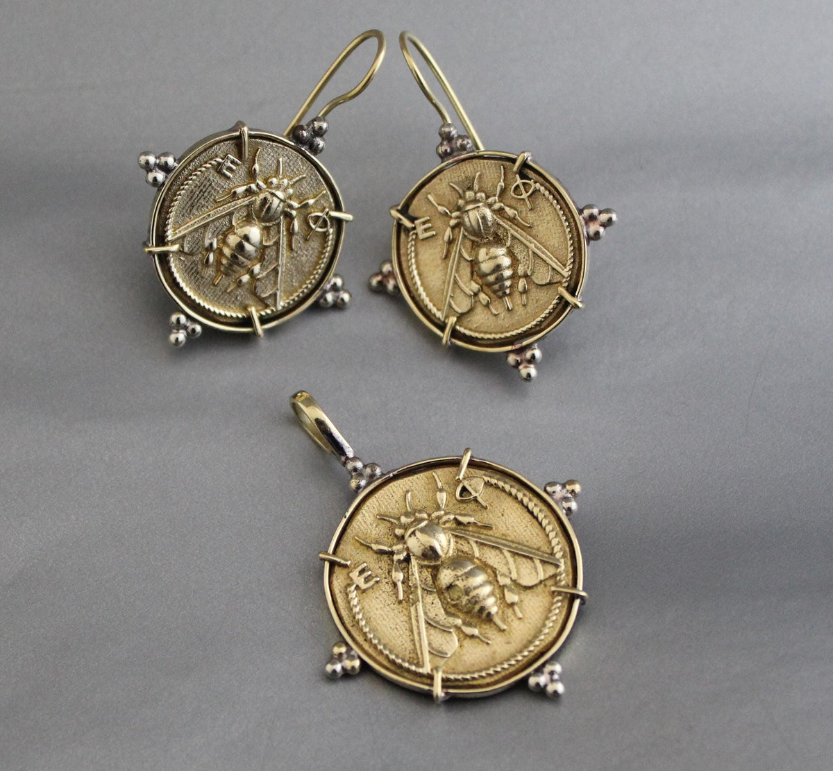 Brass Honeybee Coin Necklace and Bee Intaglio Earrings Set, Greek Style, photo 4