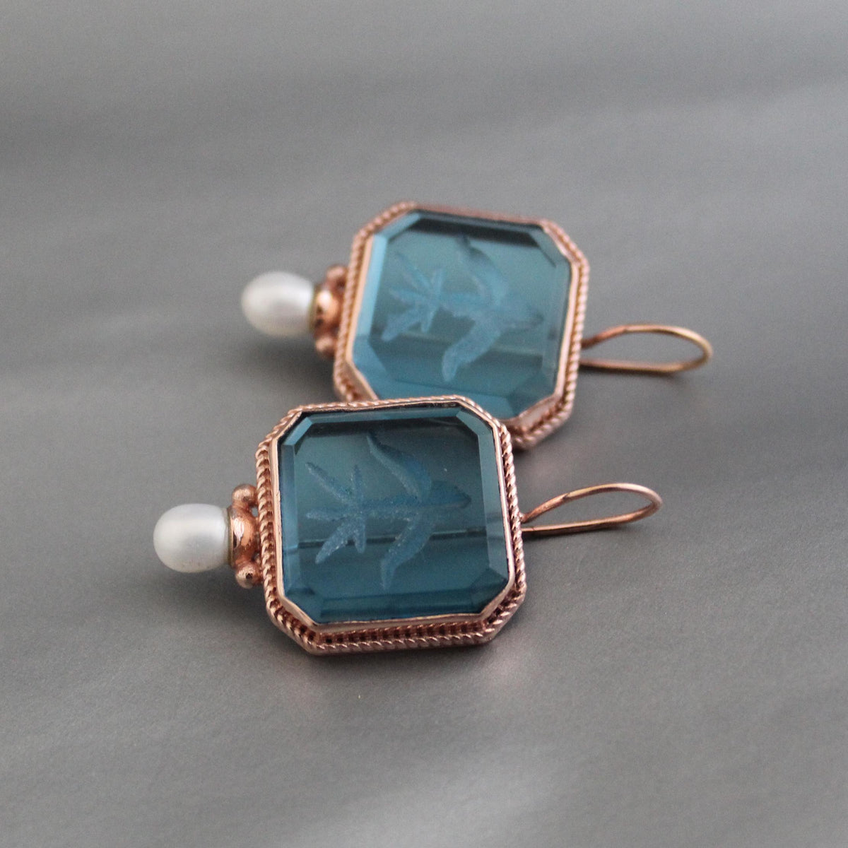 Blue Intaglio Glass Earrings, Rose Gold, photo 4