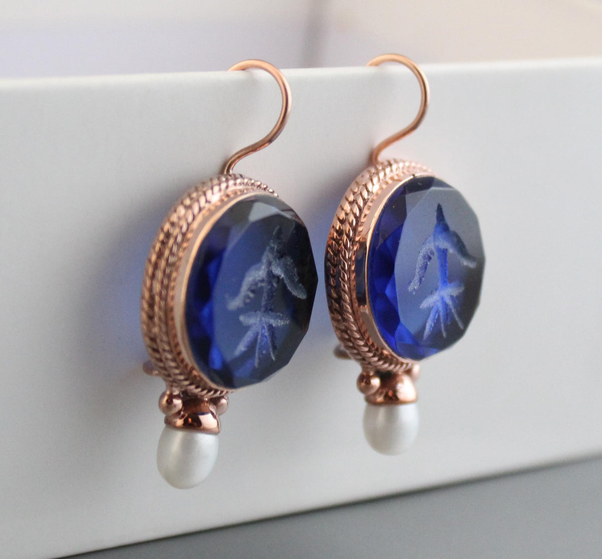 Blue Glass Intaglio Earrings, Vintage Style, Brass with Pearl, photo 9