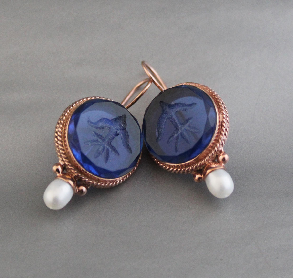 Blue Glass Intaglio Earrings, Vintage Style, Brass with Pearl, photo 2