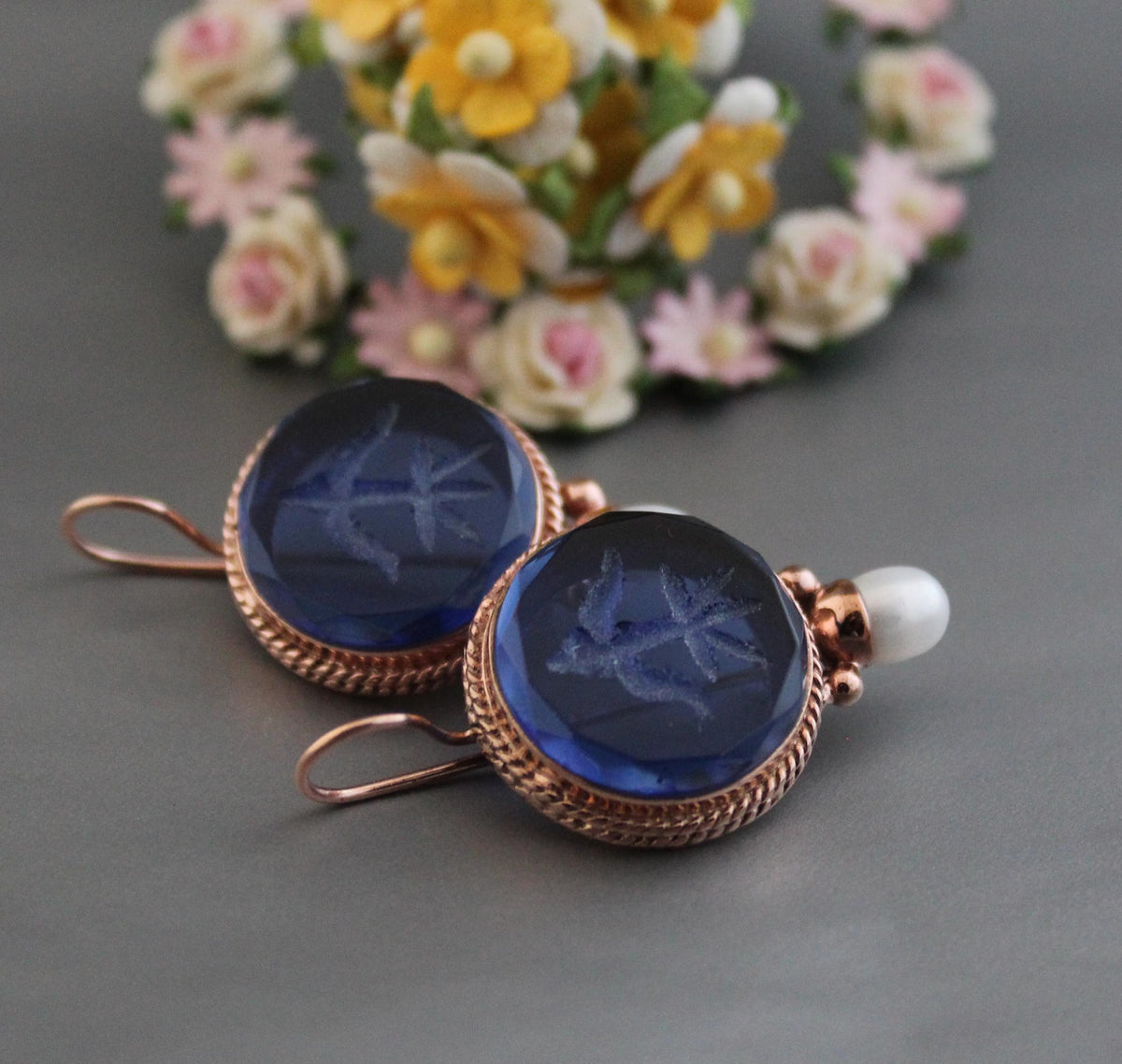 Blue Glass Intaglio Earrings, Vintage Style, Brass with Pearl, photo 7