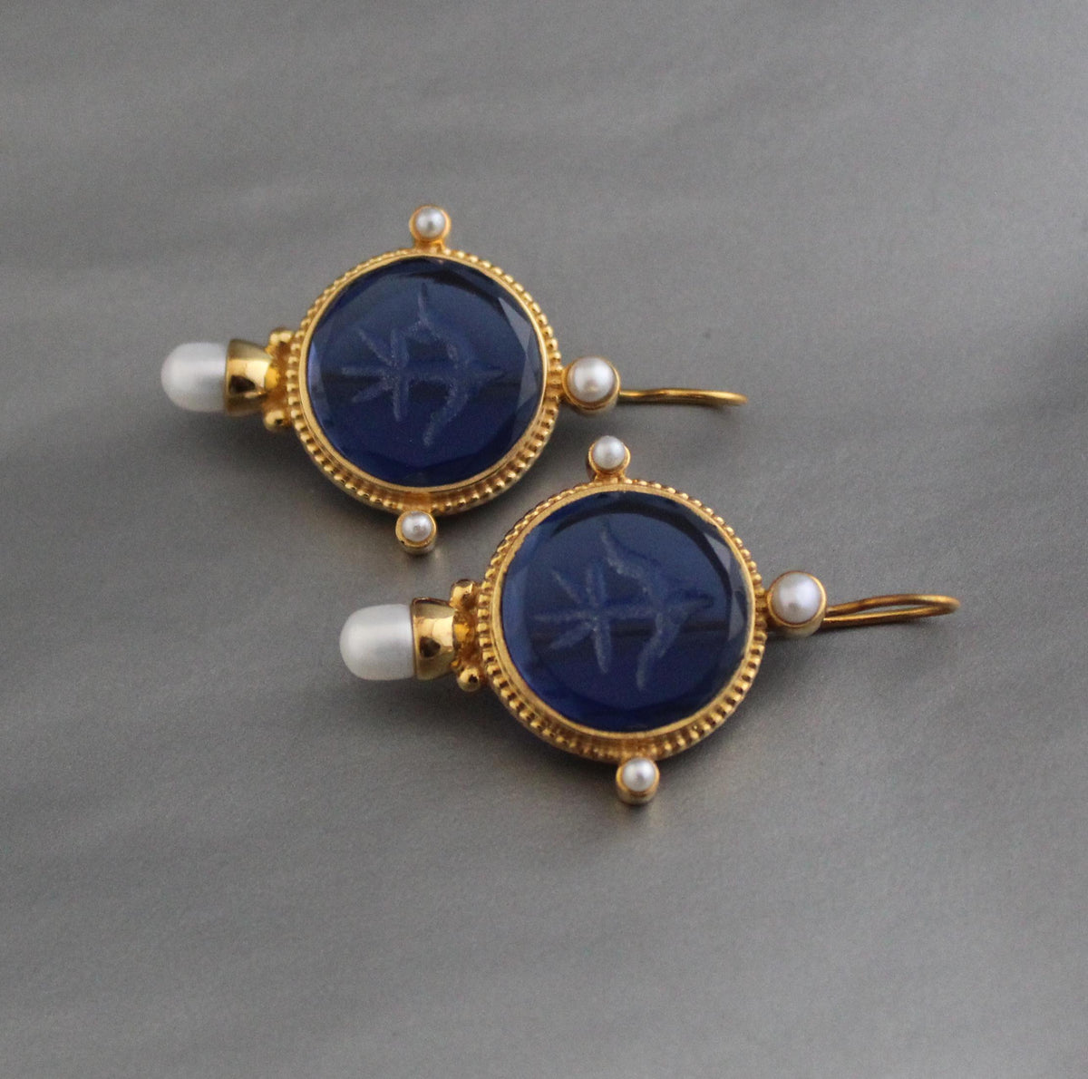 Blue Intaglio Earrings, Victorian Style, Gold, photo 7