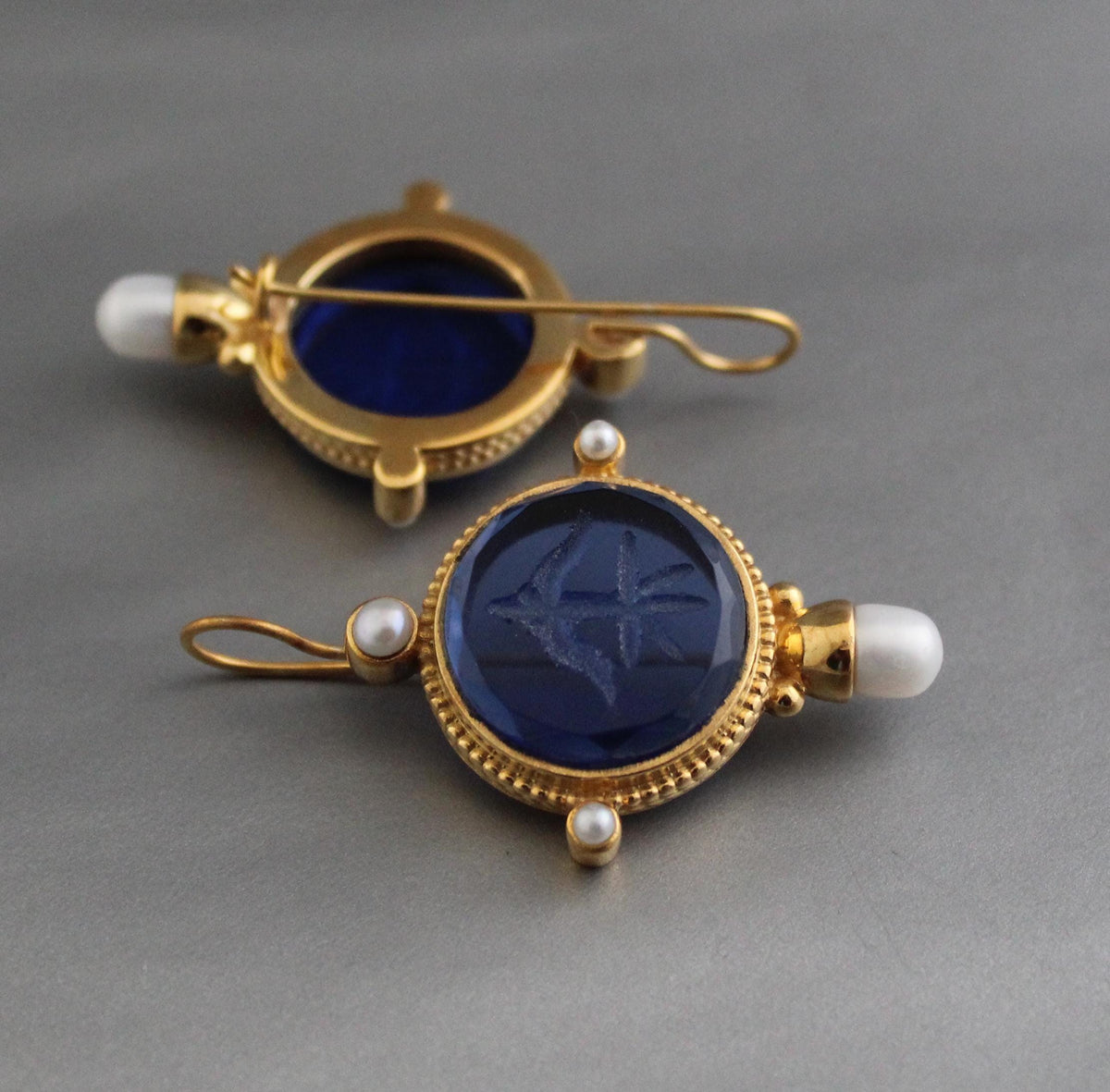 Blue Intaglio Earrings, Victorian Style, Gold, photo 2