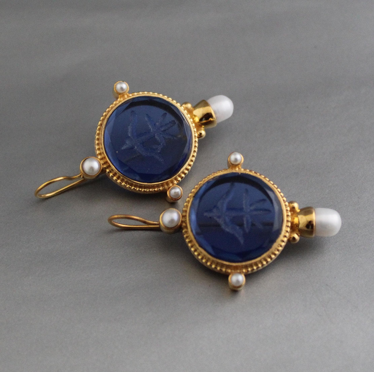 Blue Intaglio Earrings, Victorian Style, Gold, photo 5