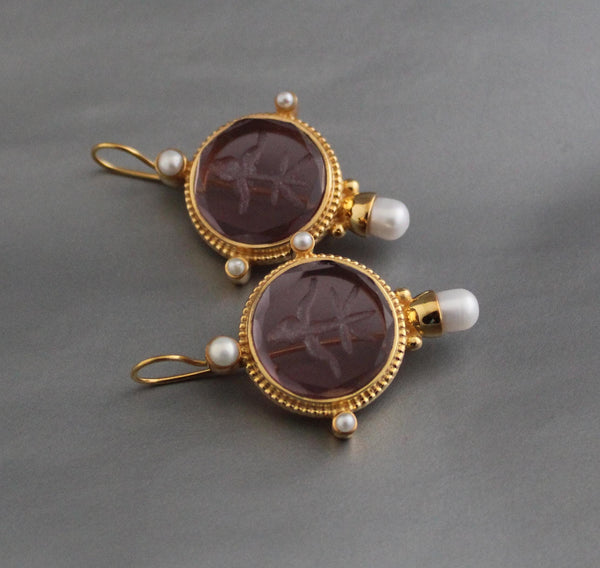 Purple Glass Intaglio Earrings, Art Deco Bridal Pearls