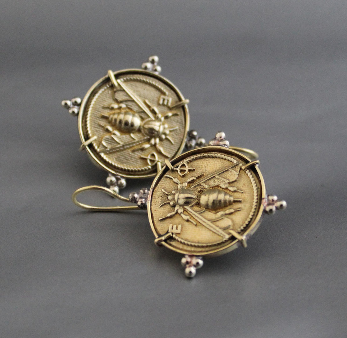 Brass Honeybee Coin Necklace and Bee Intaglio Earrings Set, Greek Style, photo 7