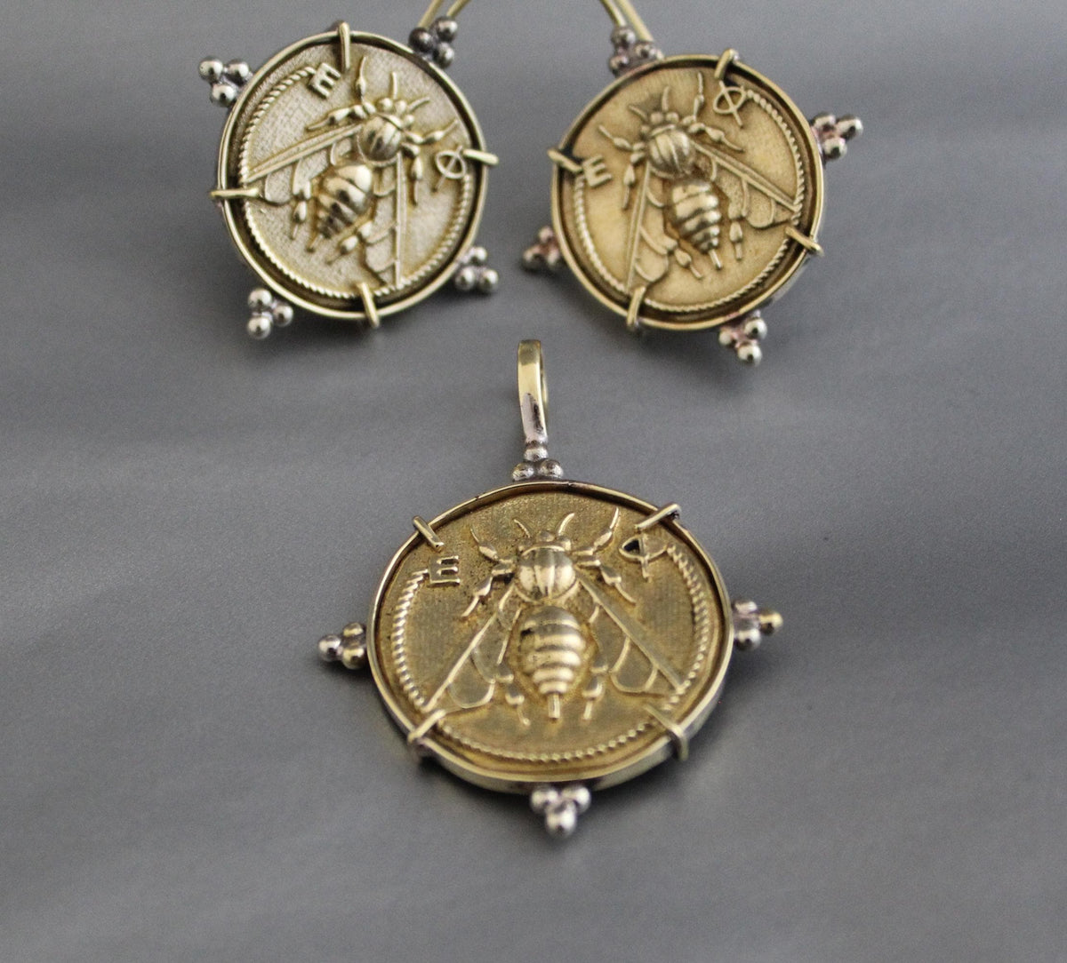 Brass Honeybee Coin Necklace and Bee Intaglio Earrings Set, Greek Style, photo 3
