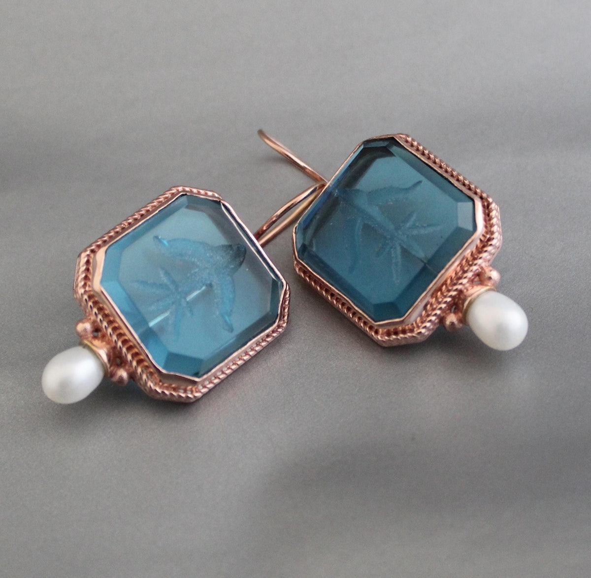 Blue Intaglio Glass Earrings, Rose Gold