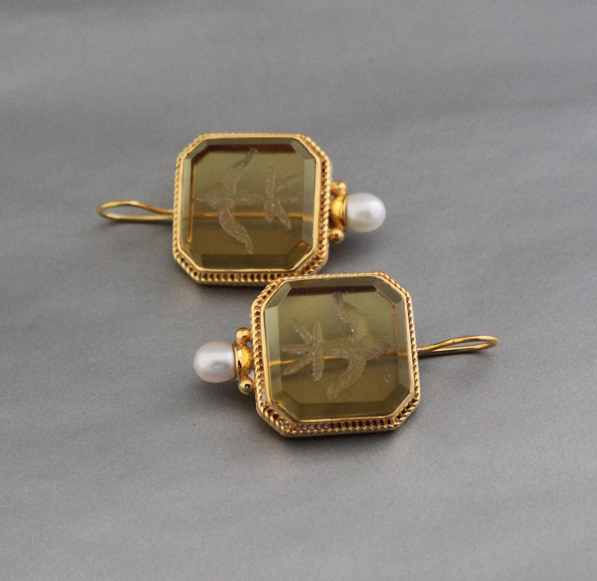 Yellow Intaglio Earrings, Victorian Art Deco Style, Brass, photo 5