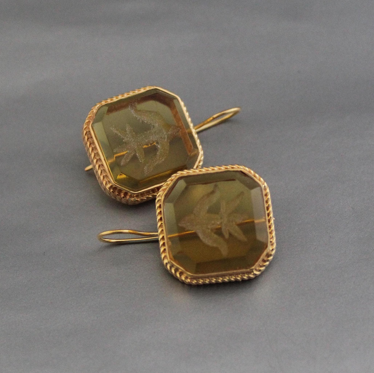 Yellow Glass Intaglio Earrings, Victorian Cameo Style, 18K Gold
