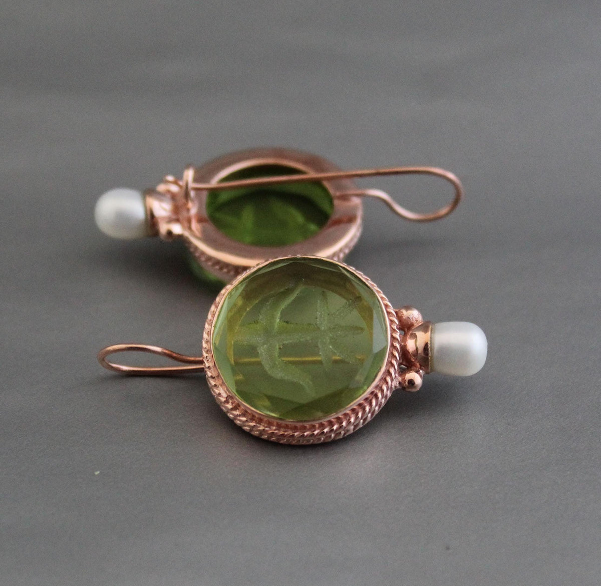 Green Fleur-de-lis Intaglio Earrings, Vintage Pearls, Rose Gold