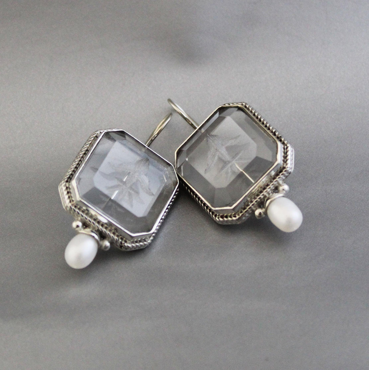 Intaglio Crystal Earrings, Victorian Bridal Pearls, 925 Silver, photo 8