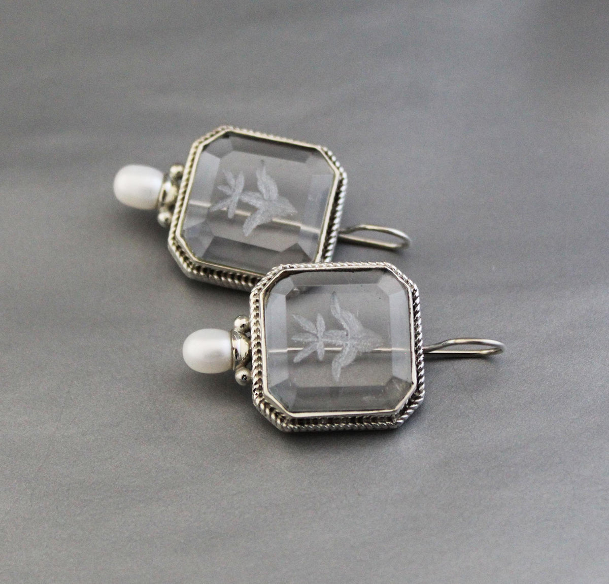 Intaglio Crystal Earrings, Victorian Bridal Pearls, 925 Silver, photo 9