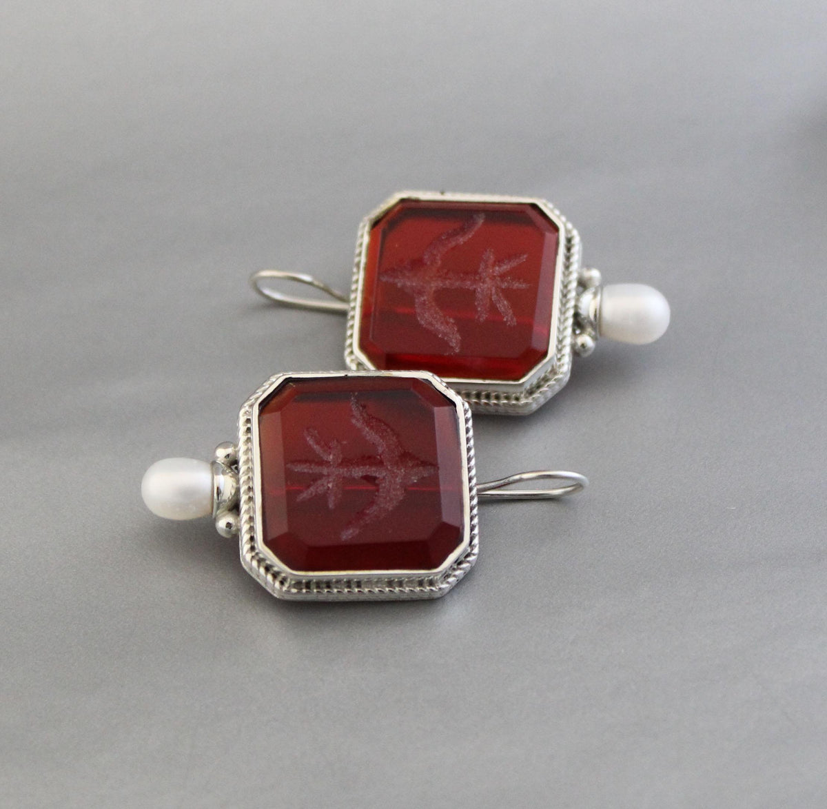 Red Glass Intaglio Earrings, Victorian Style, Polished Finish, photo 5