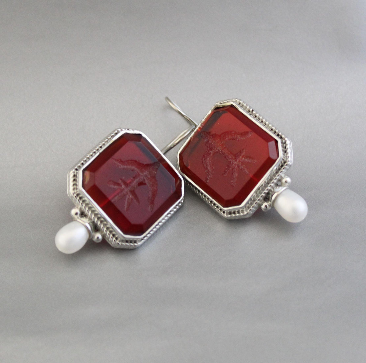 Red Glass Intaglio Earrings, Victorian Style, Polished Finish, photo 7
