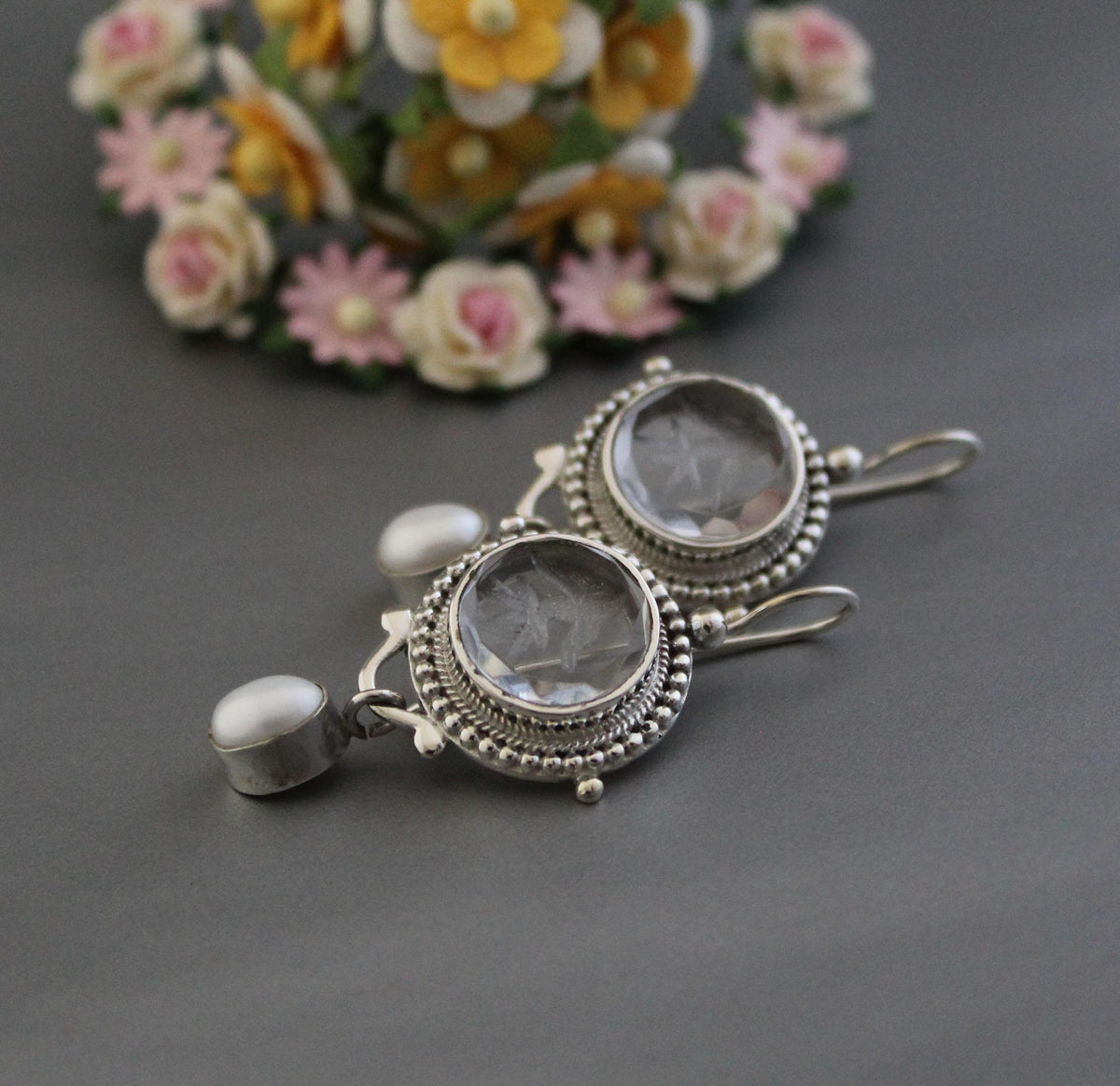 Clear Crystal Intaglio Earrings, 925 Sterling Silver with Pearl, photo 5