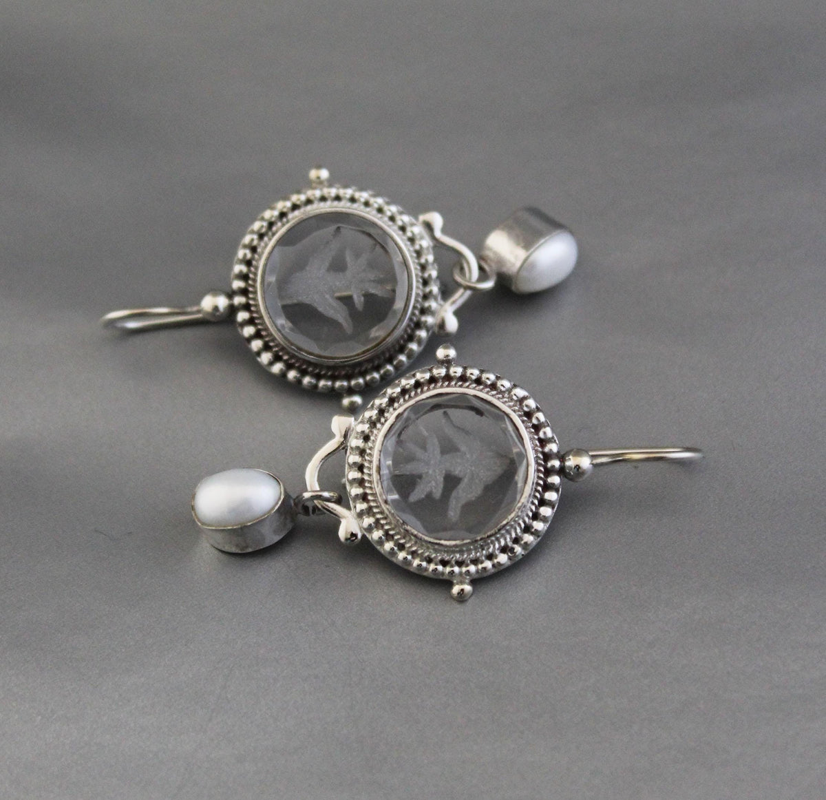 Clear Crystal Intaglio Earrings, 925 Sterling Silver with Pearl, photo 10