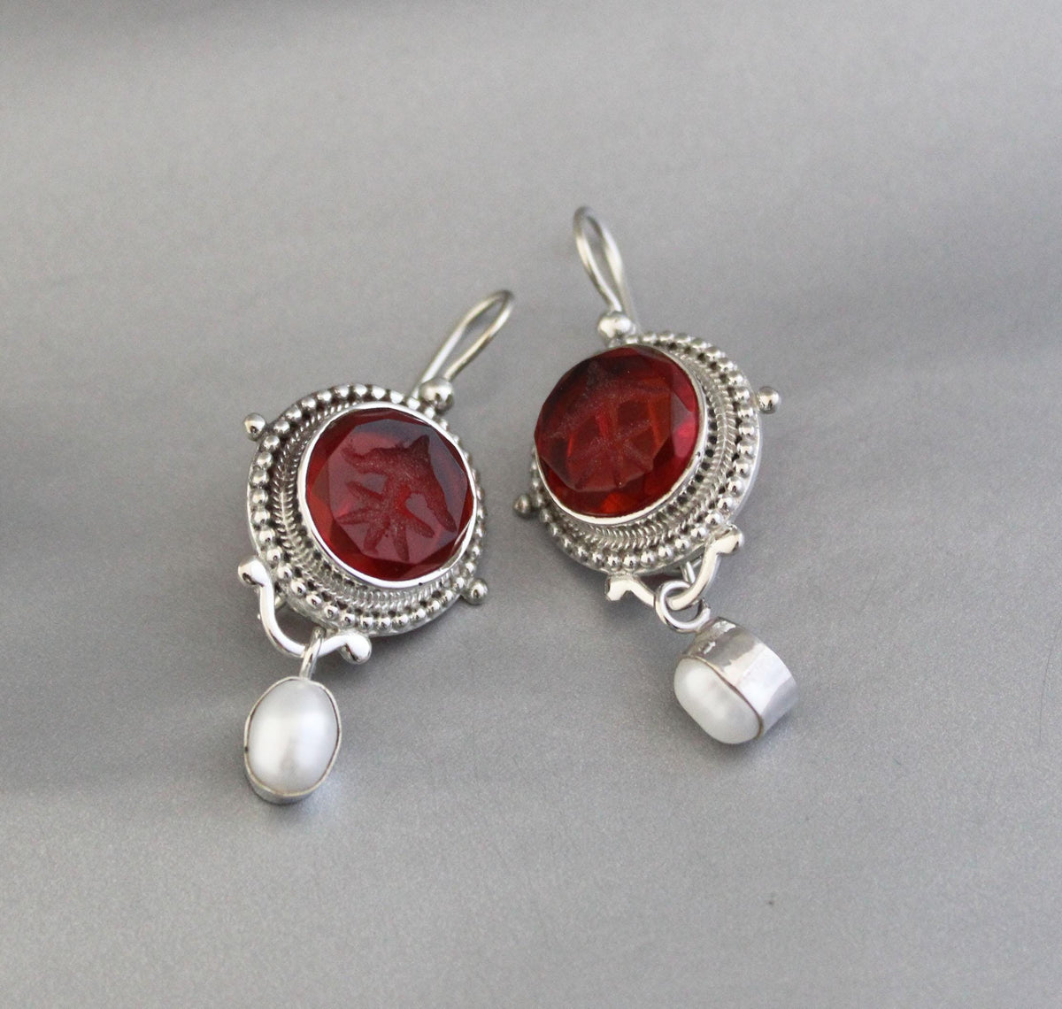 Red Glass Intaglio Earrings, Victorian Statement, 925 Sterling Silver, photo 2