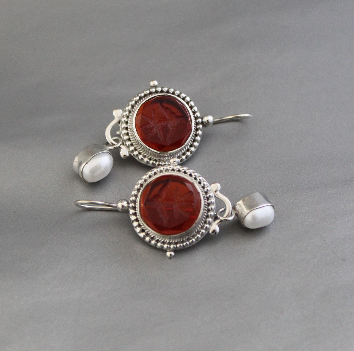 Red Glass Intaglio Earrings, Victorian Statement, 925 Sterling Silver, photo 9